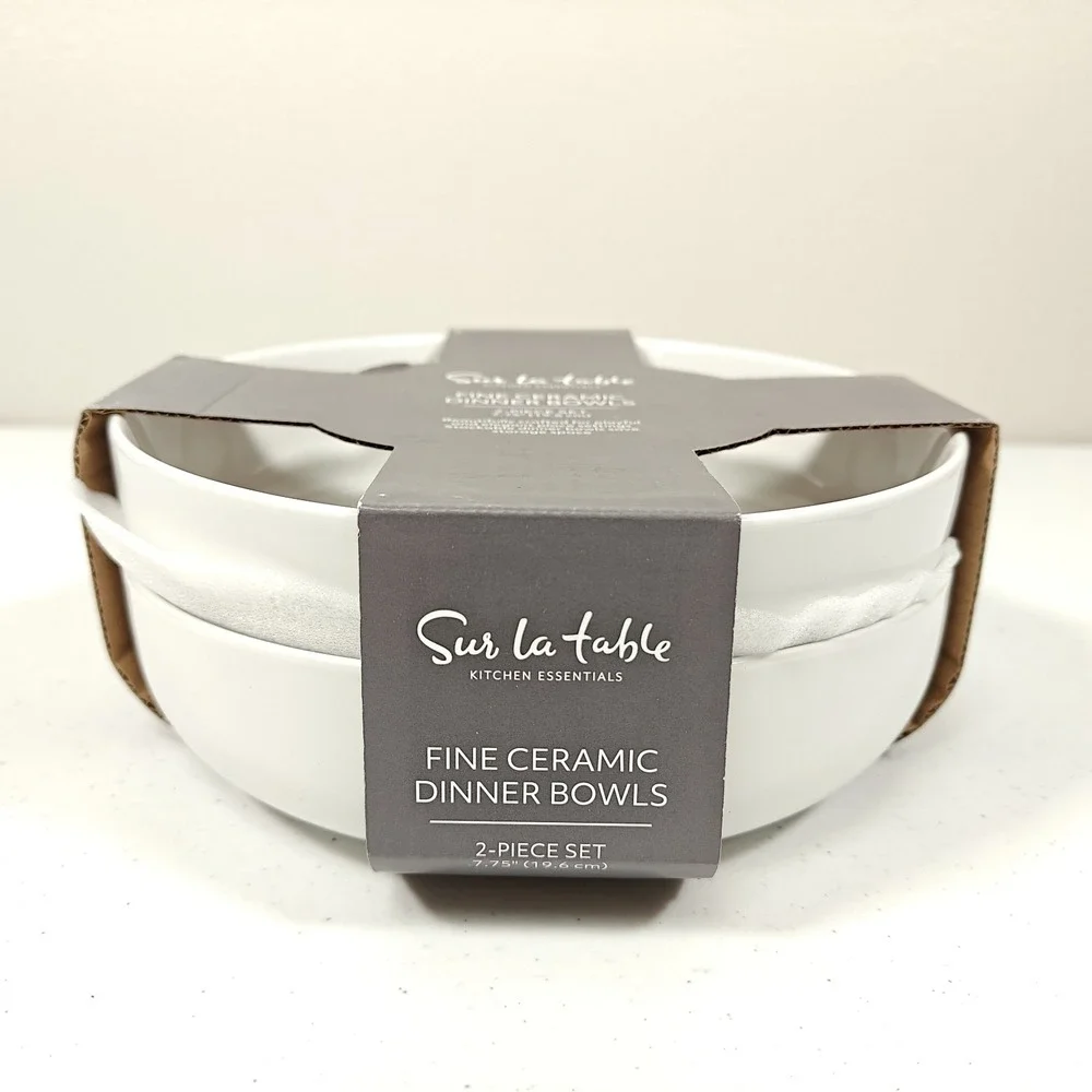 Sur La Table Fine Ceramic Dinner Bowls White 2-Piece Set Pasta 7.75